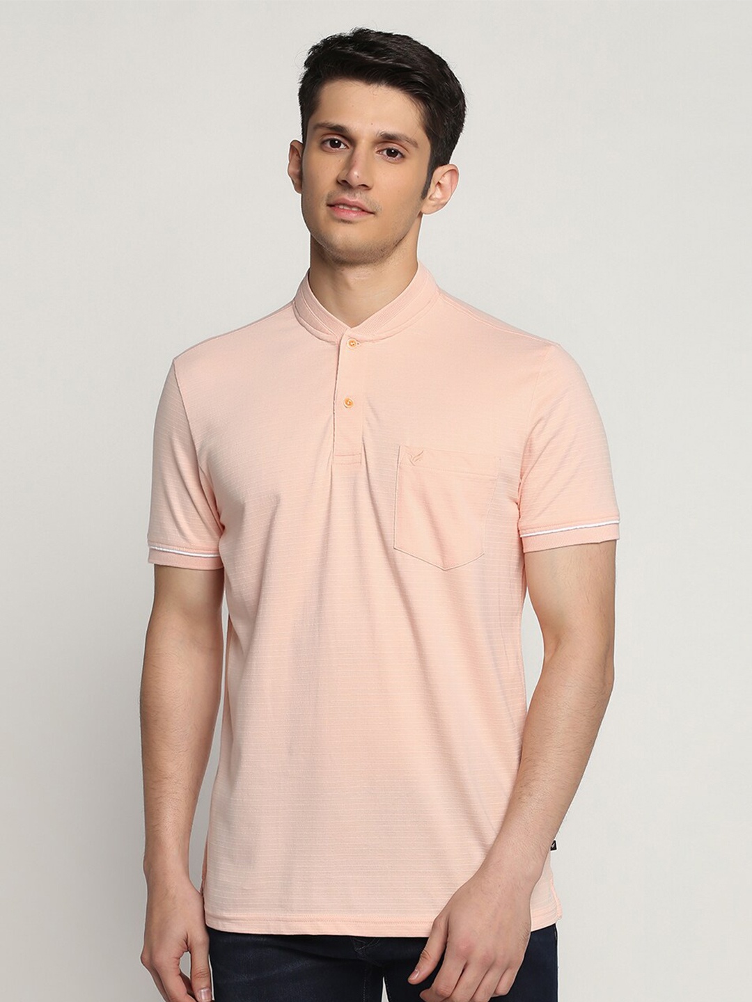 

Blackberrys Self Design Henley Neck Pure Cotton T-shirt, Peach