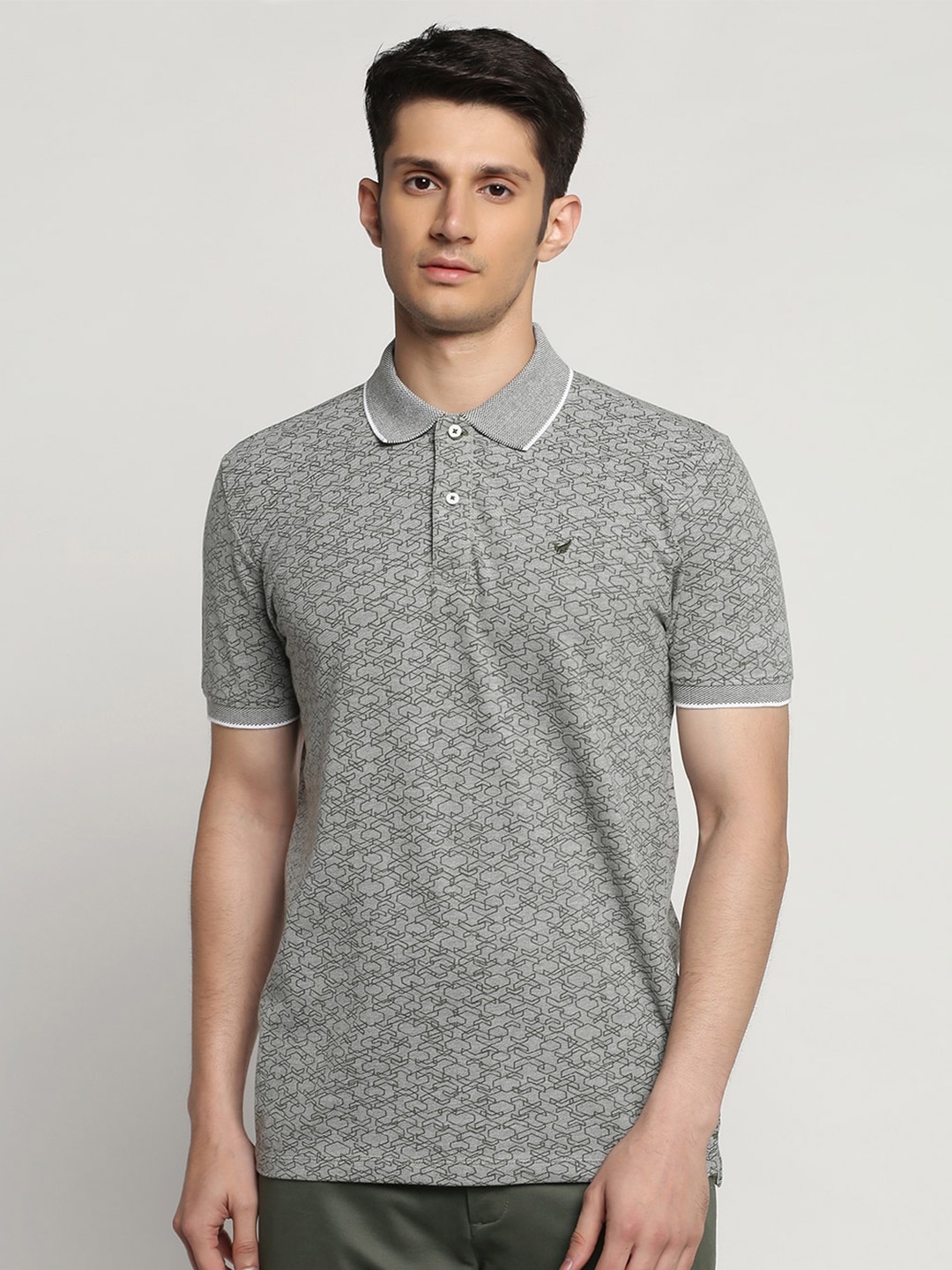 

Blackberrys Men Geometric Printed Polo Collar Slim Fit Pure Cotton T-shirt, Grey