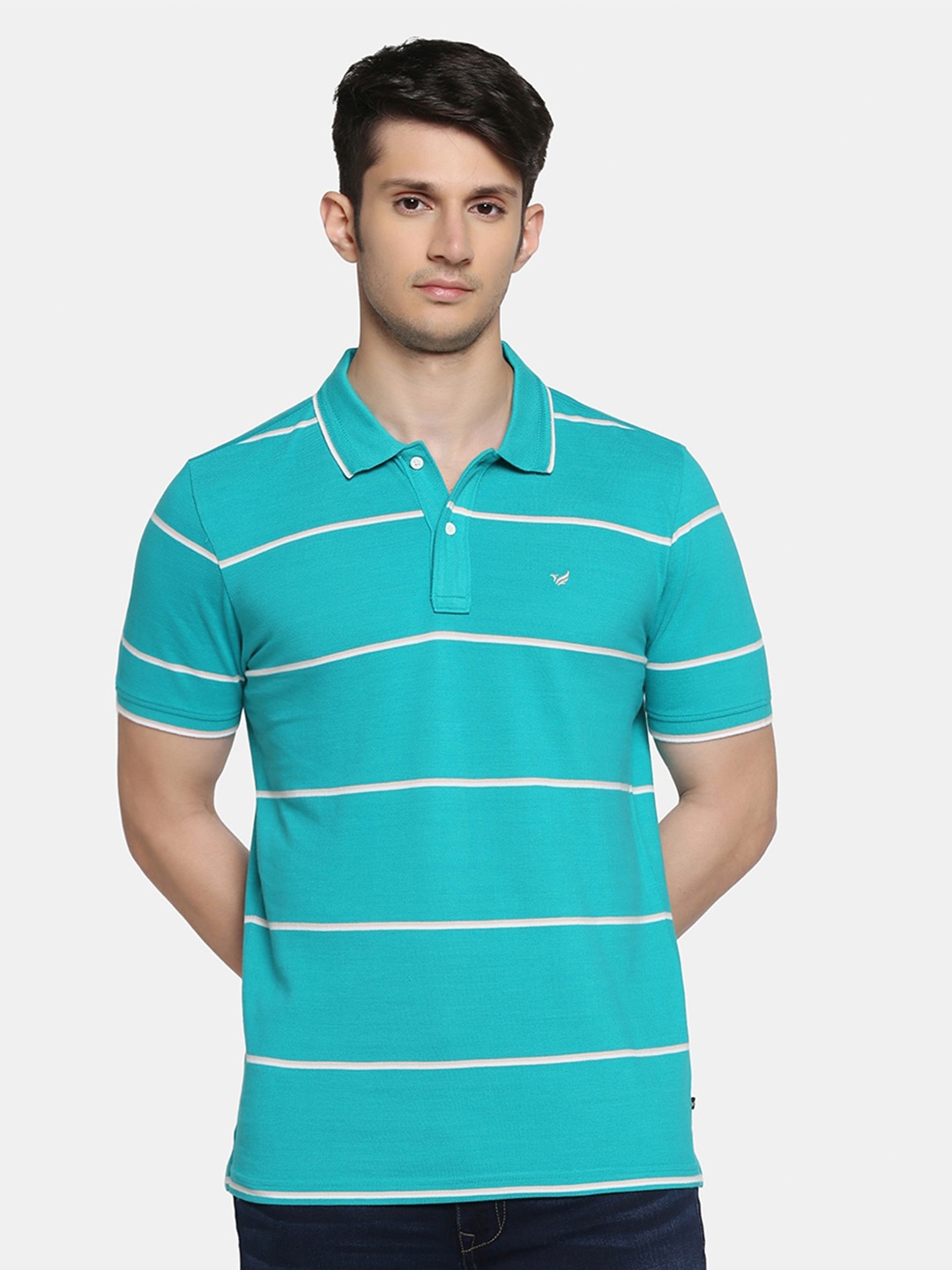 

Blackberrys Striped Polo Collar Slim Fit Pure Cotton T-shirt, Turquoise blue