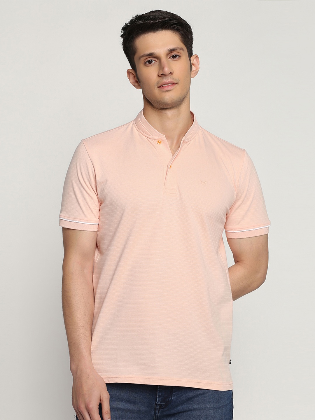 

Blackberrys Stand Collar Pure Cotton Slim Fit T-shirt, Peach