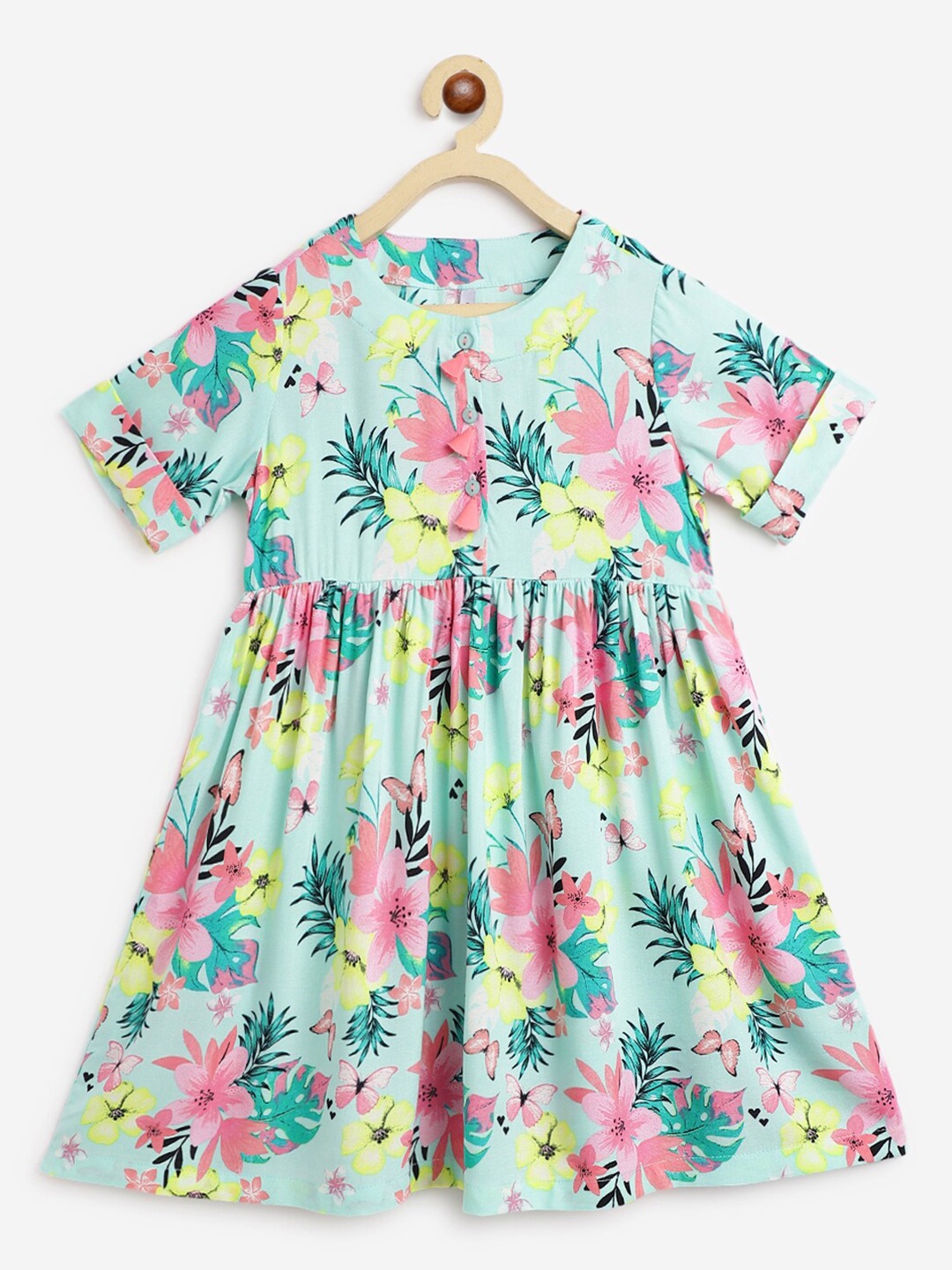 

Campana Girls Floral Printed Round Neck Fit & Flare Dress, Sea green