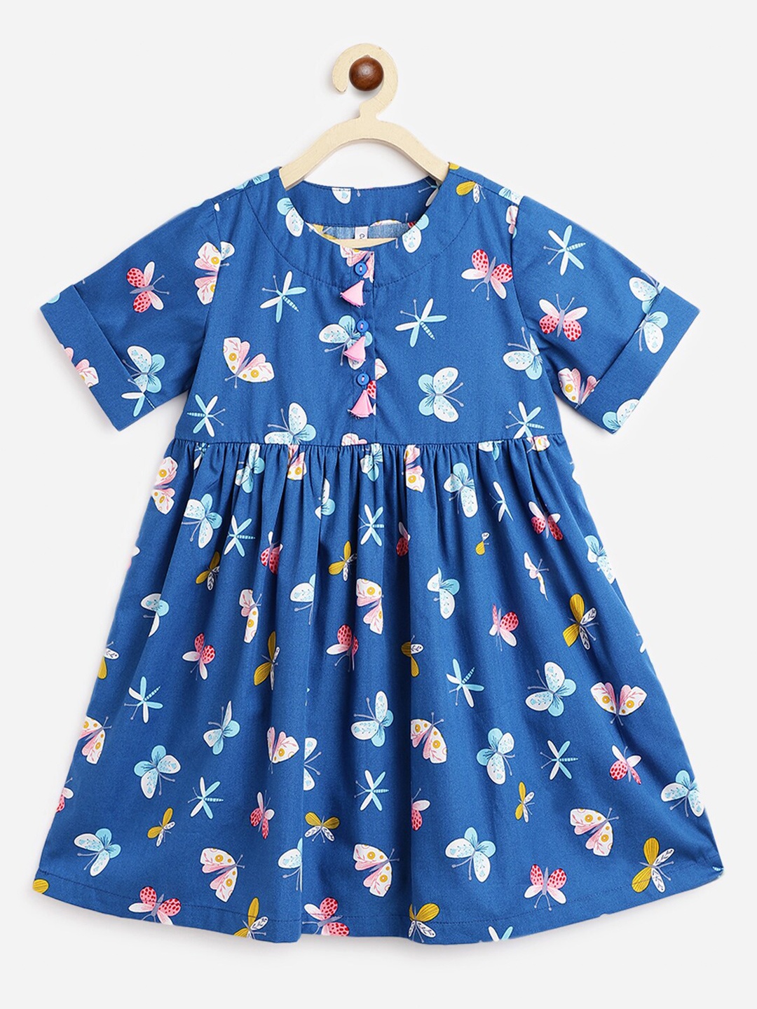 

Campana Girls Printed Cotton Short Sleeves Knee Length Fit and Flare Dress, Blue