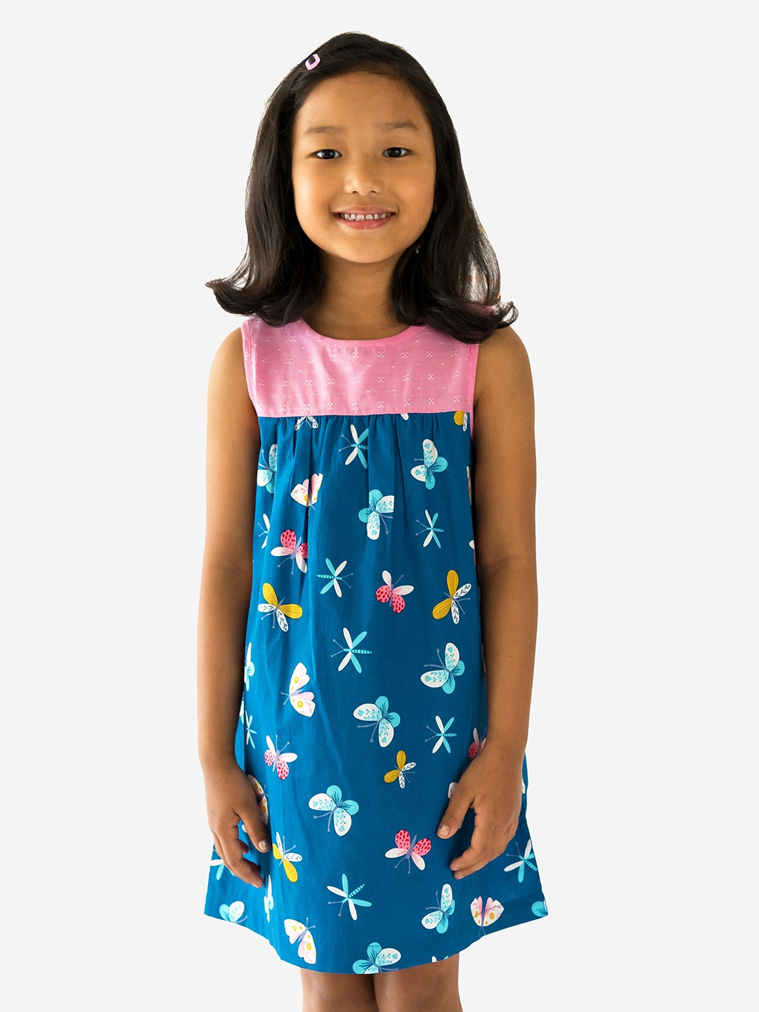 

Campana Girls Graphic Printed Cotton Sleeveless A-Line Dress, Navy blue