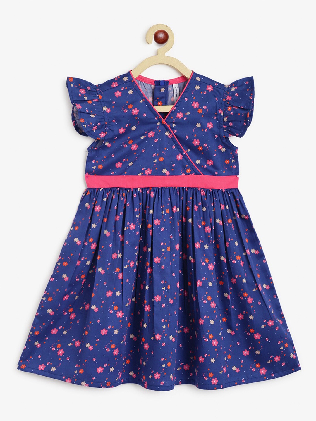 

Campana Girls Printed Cotton Short Sleeves Knee Length Fit and Flare Dress, Navy blue