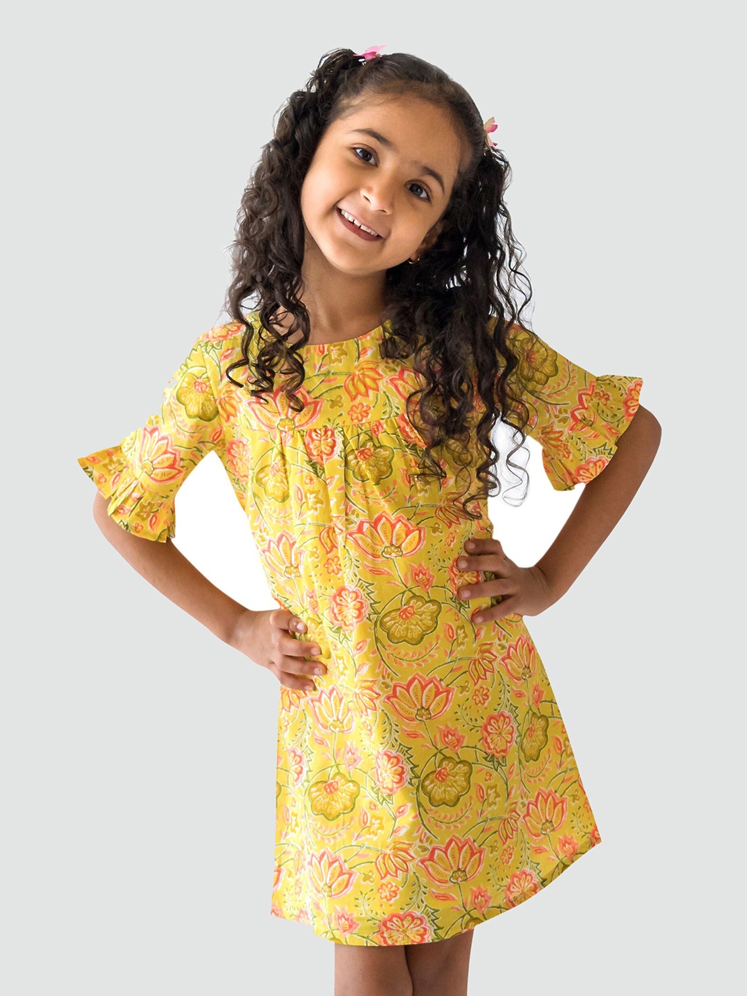 

Campana Girls Floral Printed Gathered Bell Sleeves Cotton A-Line Dress, Mustard