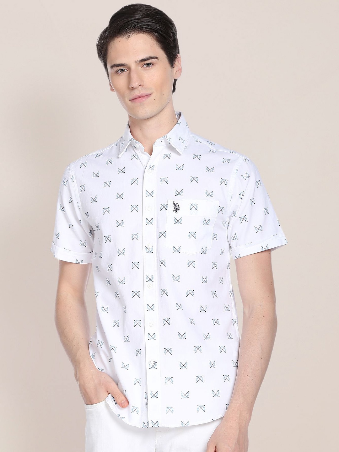 

U.S. Polo Assn. Conversational Printed Cotton Casual Shirt, White