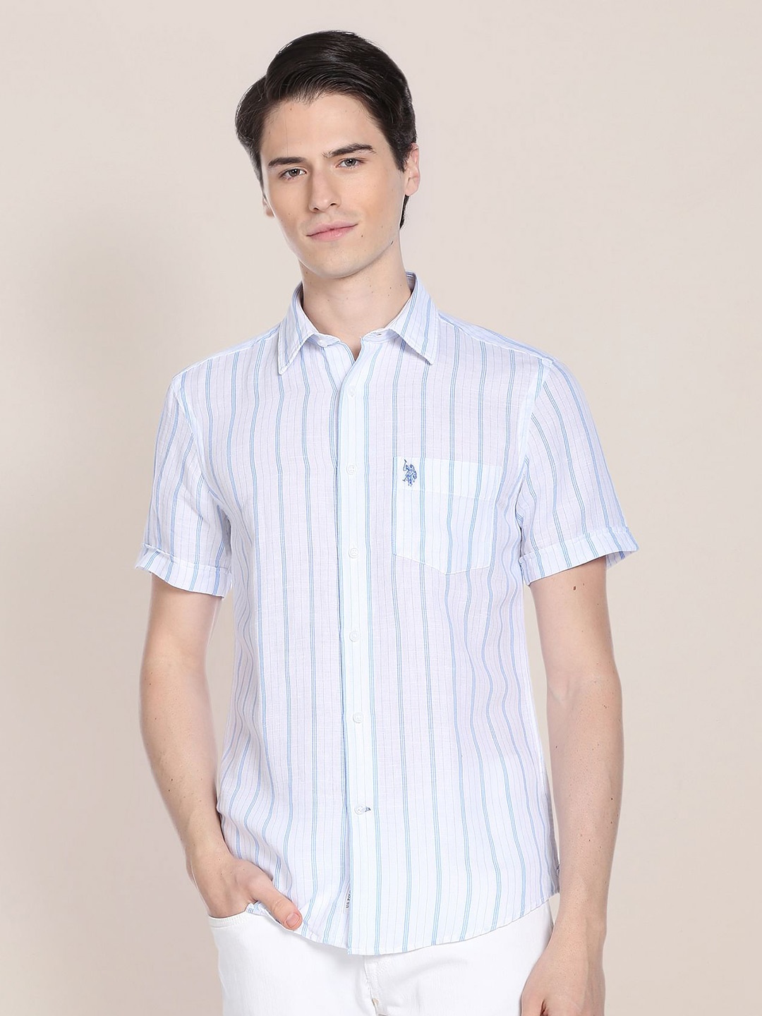 

U.S. Polo Assn. Vertical Striped Cotton Linen Casual Shirt, White