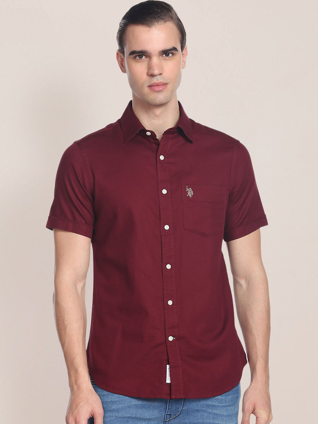

U.S. Polo Assn. Spread Collar Pure Cotton Dobby Casual Shirt, Red
