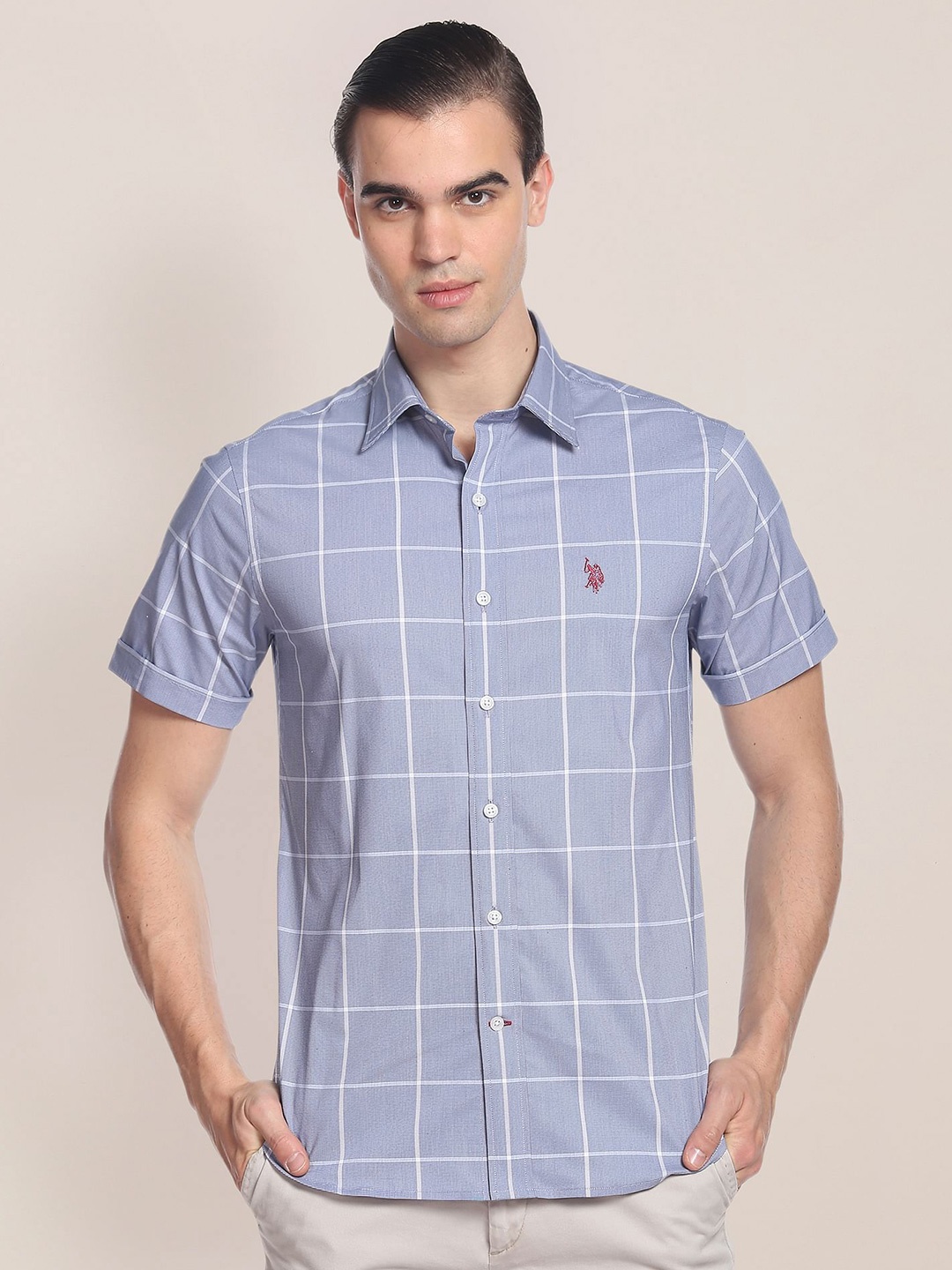 

U.S. Polo Assn. Short Sleeves Twill Windowpane Checked Casual Shirt, Blue