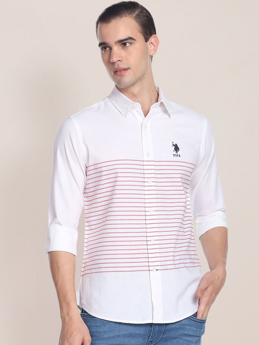 

U.S. Polo Assn. Horizontal Stripes Striped Pure Cotton Casual Shirt, White