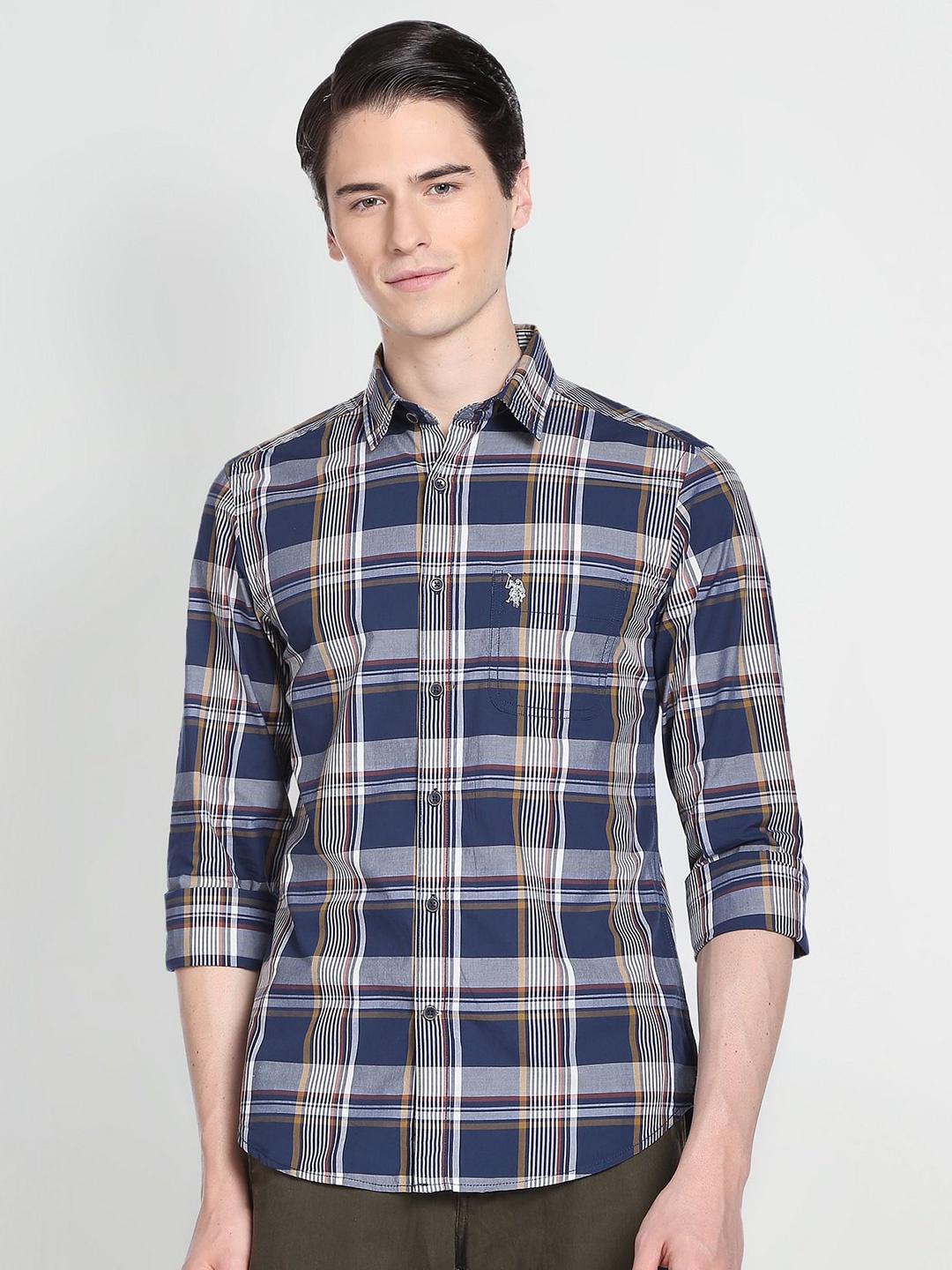 

U.S. Polo Assn. Denim Co. Spread Collar Tartan Checked Pure Cotton Casual Shirt, Blue