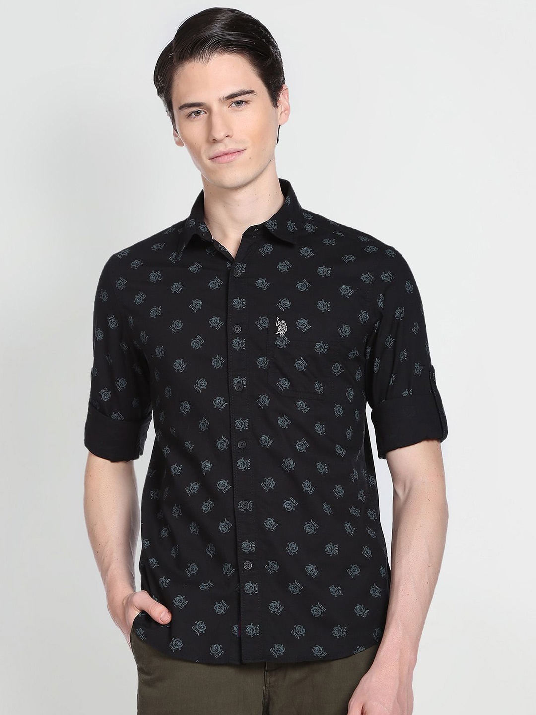 

U.S. Polo Assn. Denim Co. Brand Logo Printed Cotton Casual Shirt, Black