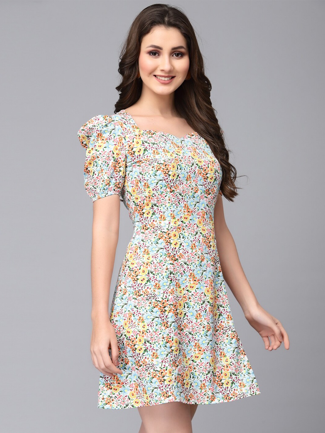 

Selvia Sweetheart Neck Puff Sleeves Floral Printed A-Line Mini Dress, Blue