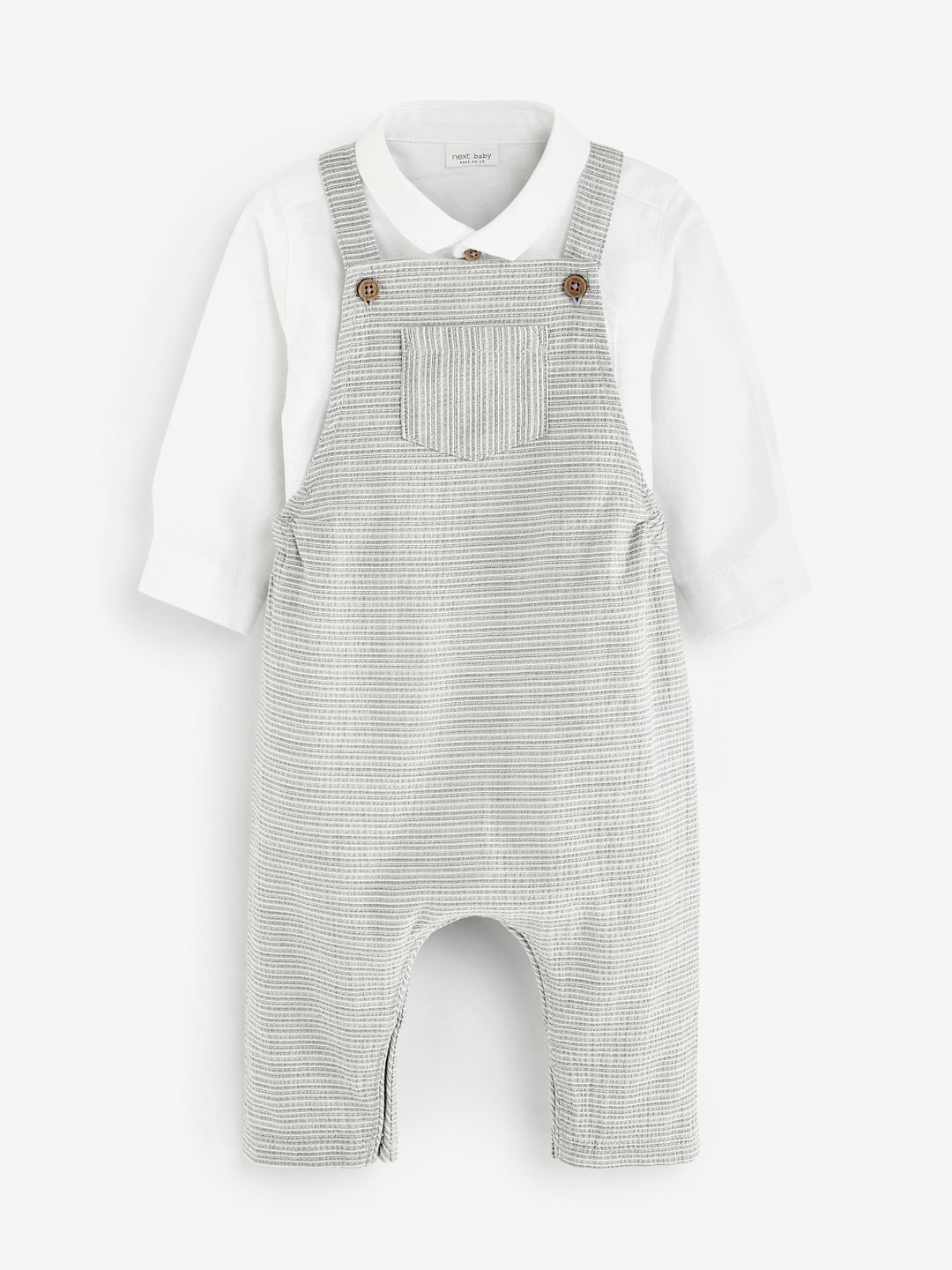 NEXT Infant Boys Striped Dungarees With Shirt-style Romper, Grey