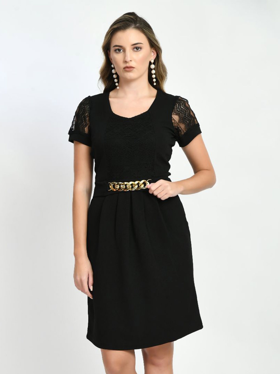 

IUGA Net Sleeves Belted Dress, Black