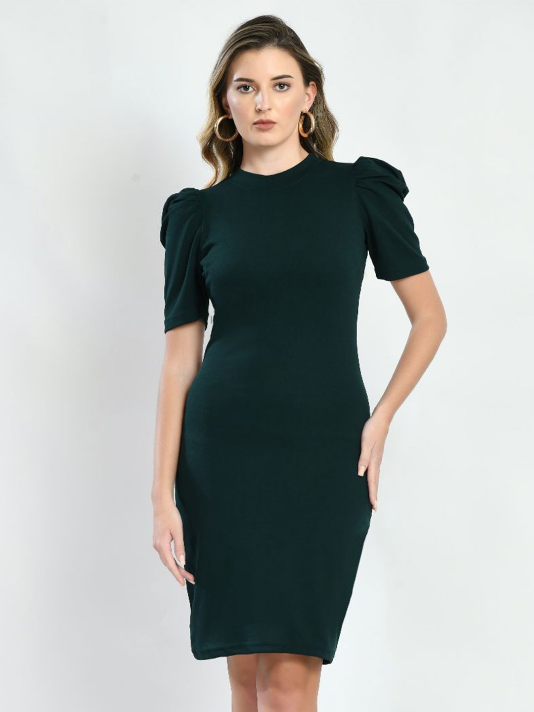 

IUGA Puff Sleeve Round Neck Sheath Dress, Green