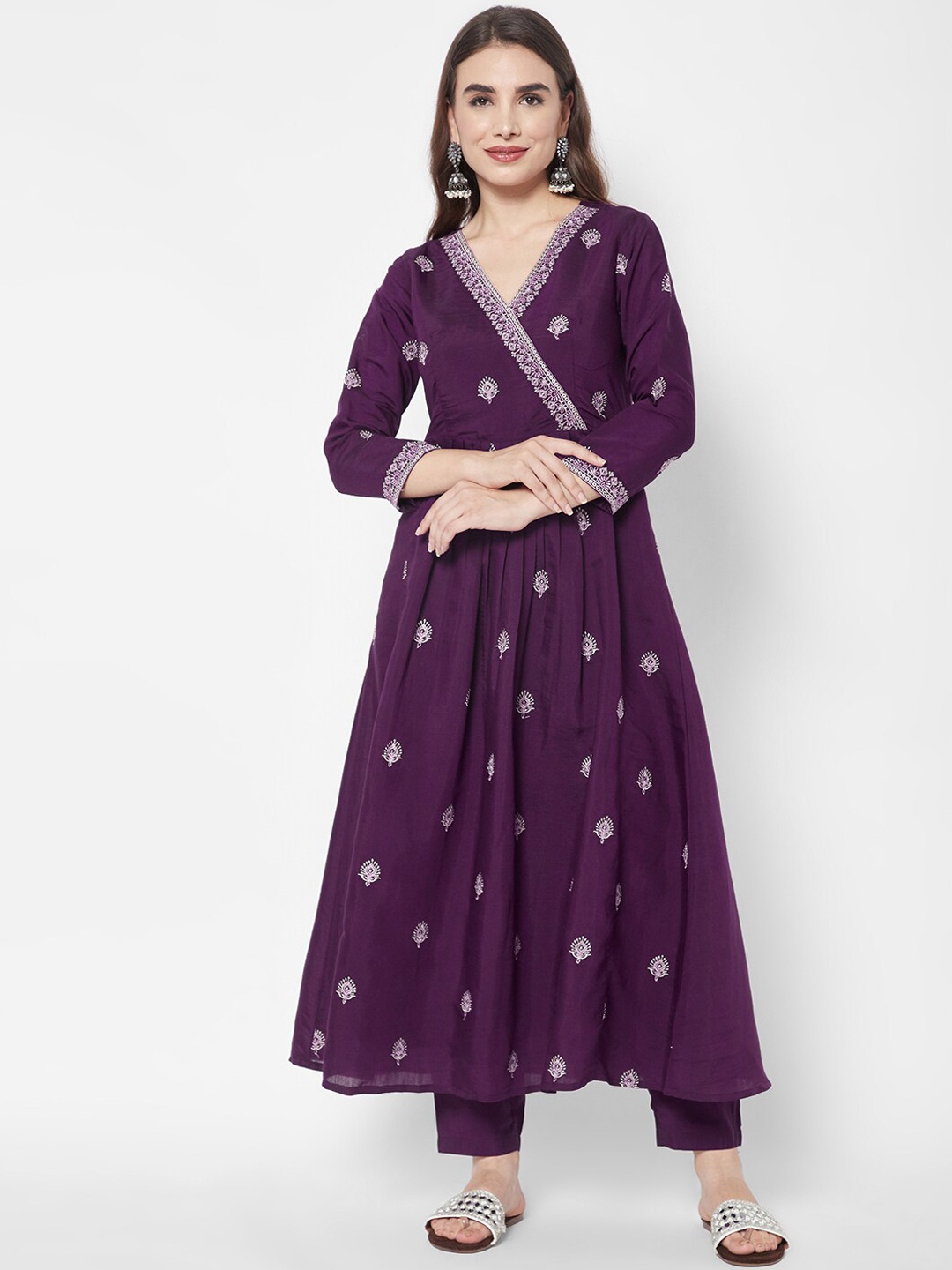 

HEEPOSH Embroidered Angrakha Thread Work Chanderi Silk Kurta with Trousers & Dupatta, Purple