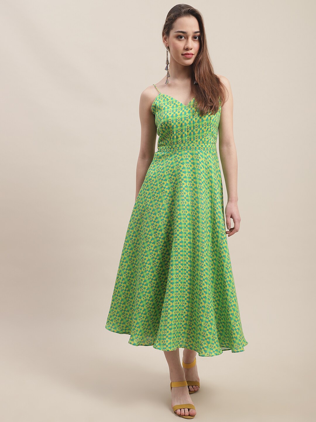 

ewoke Shoulder Straps Ethnic Motifs Printed Linen Maxi Dress, Green