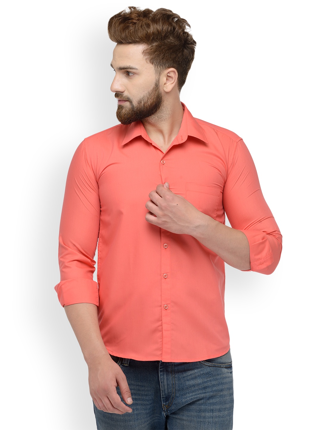 

JAINISH Men Coral Red Classic Slim Fit Solid Casual Shirt