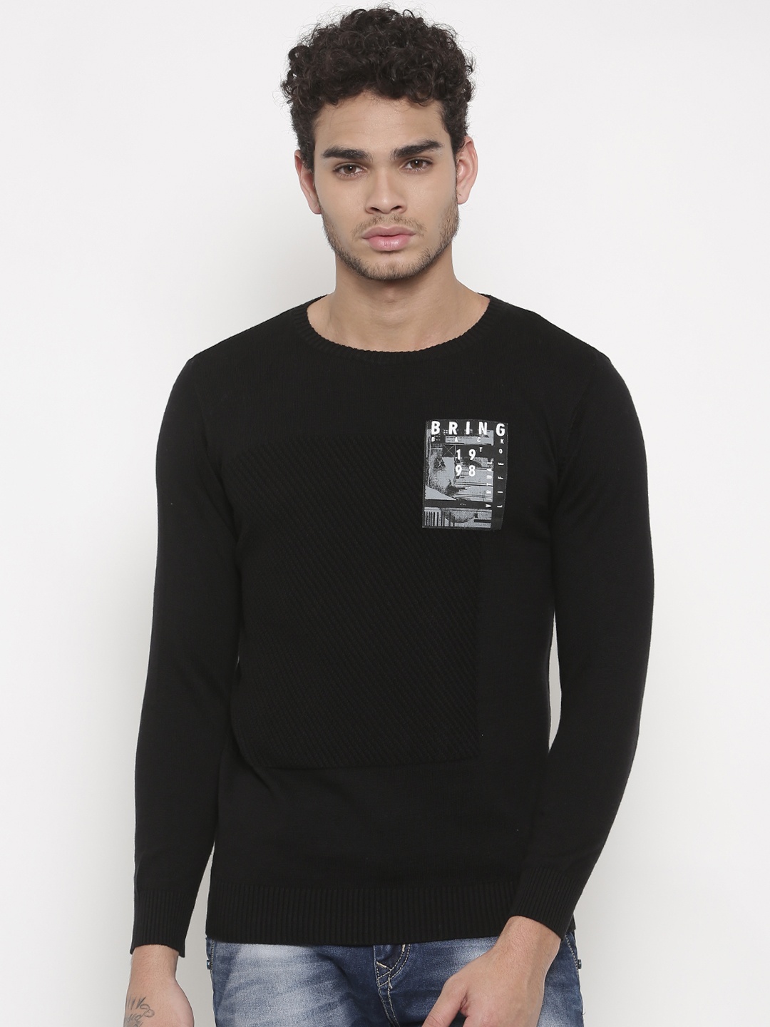 

Status Quo Men Black Self Design Pullover