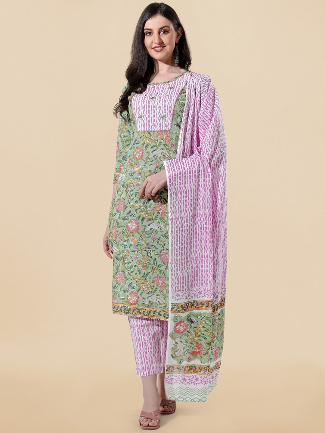 

KALINI Floral Printed Gotta Patti Pure Cotton Kurta With Trousers & Dupatta, Green