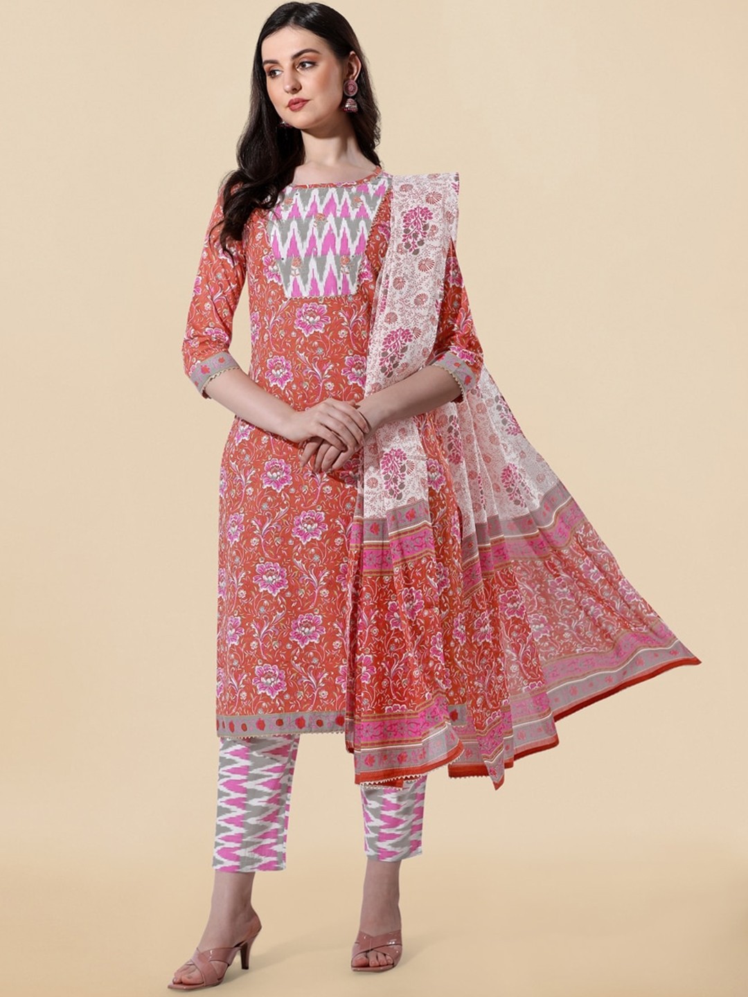 KALINI Floral Printed Gotta Patti Pure Cotton Kurta With Trousers & Dupatta, Orange