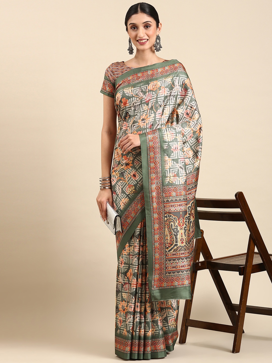 

SHANGRILA Ajrak Print Silk Cotton Saree, Green
