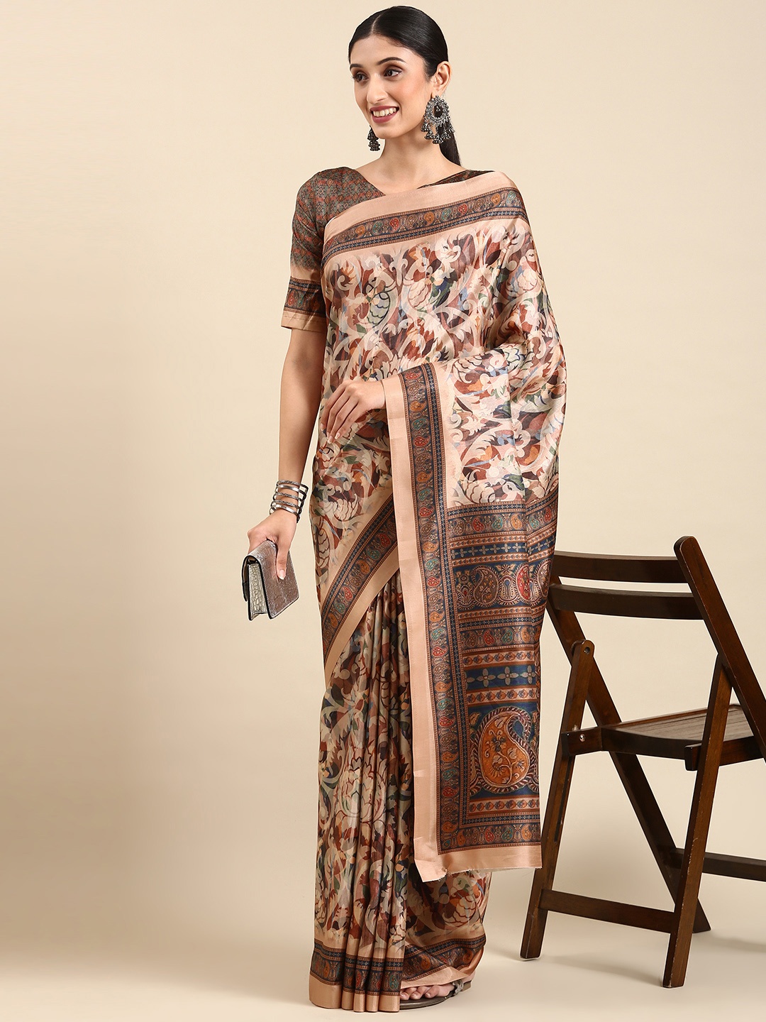 

SHANGRILA Ajrak Print Silk Cotton Saree, Beige