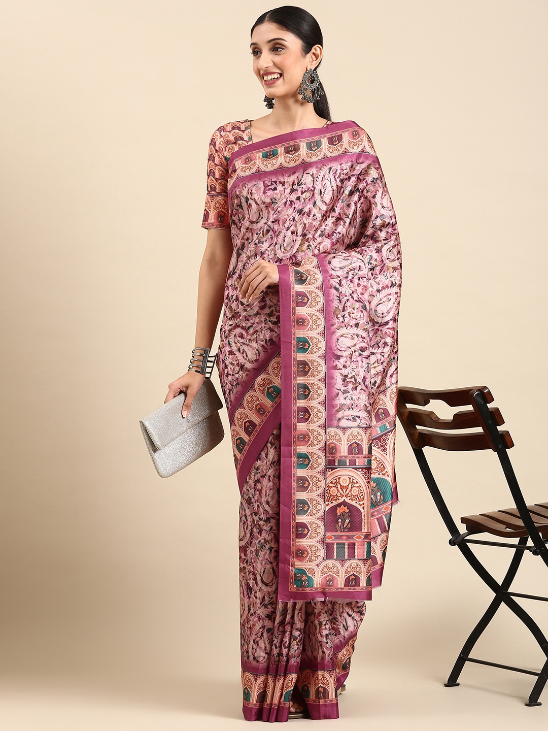 

SHANGRILA Ajrak Print Silk Cotton Saree, Pink