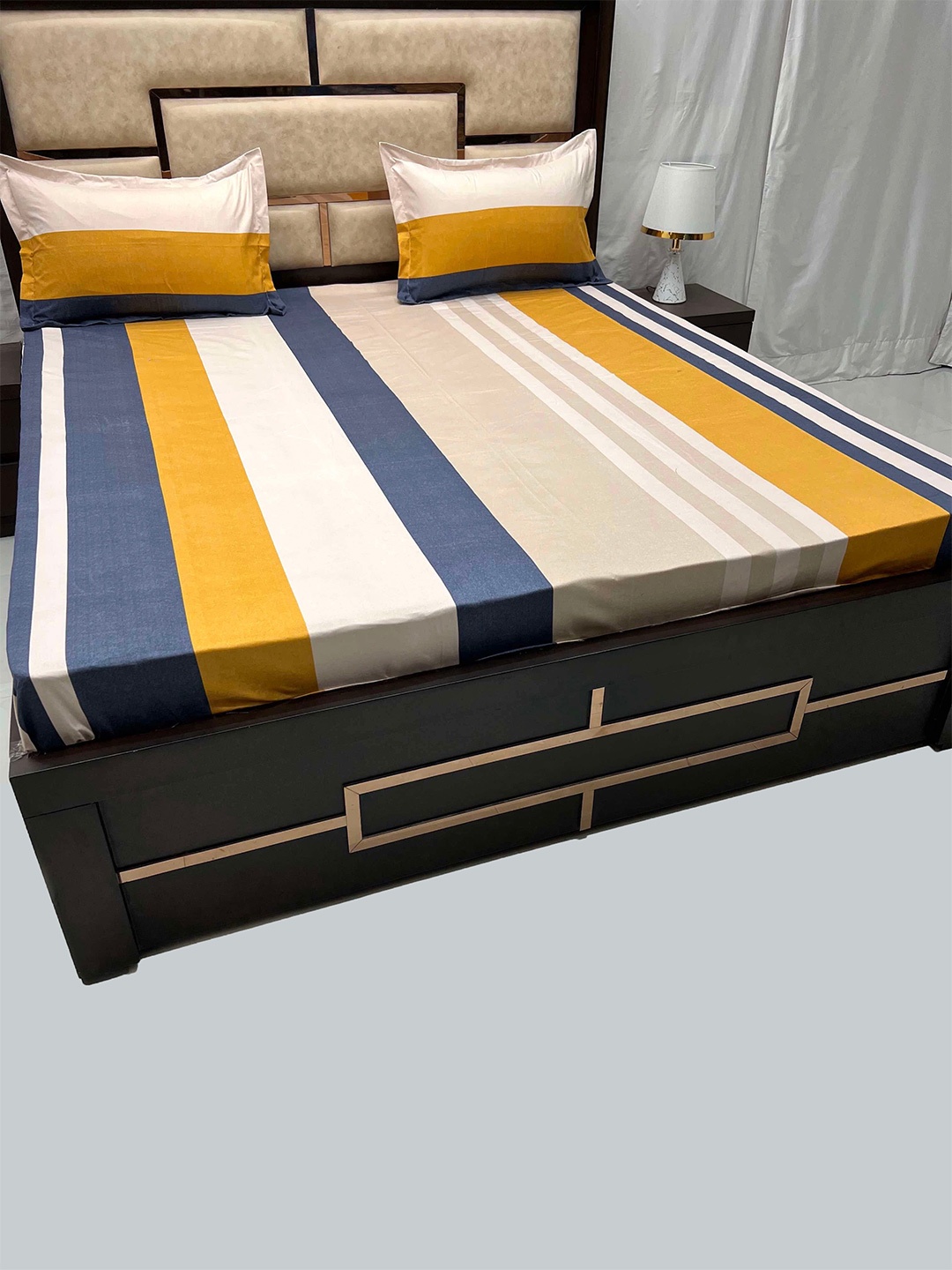 

Pure Decor White & Yellow Striped 260 TC King Bedsheet with 2 Pillow Covers