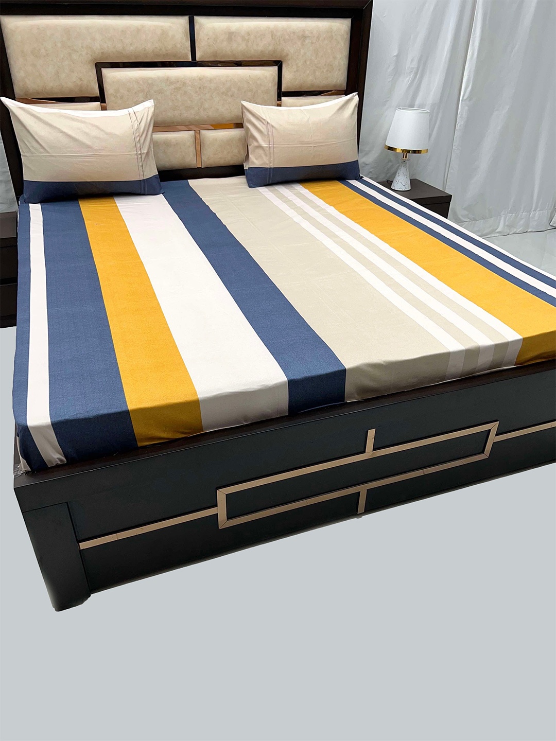

Pure Decor White & Yellow Striped 260 TC King Bedsheet with 2 Pillow Covers