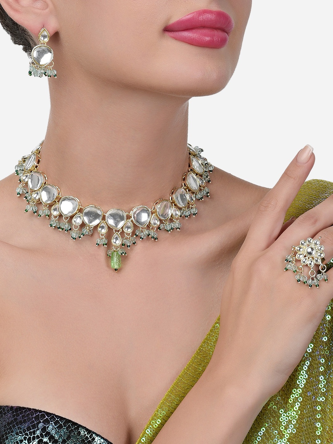 

Zaveri Pearls Gold-Plated Stone-Studded & Pearl Beaded Jewellery Set, Turquoise blue