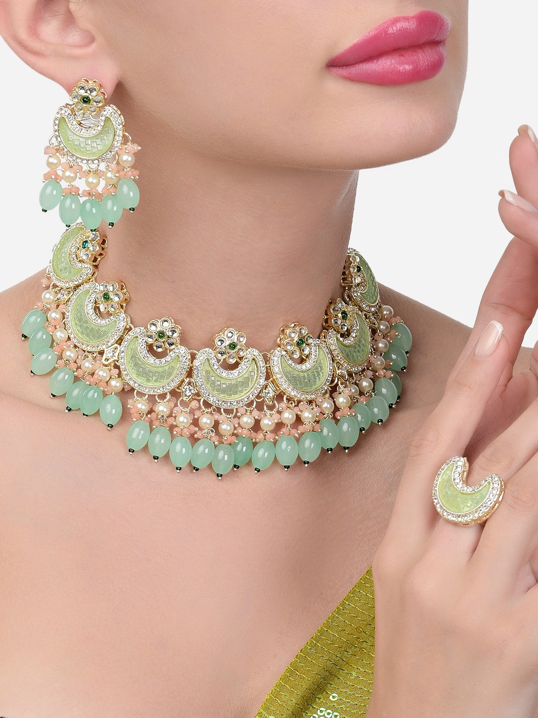 

Zaveri Pearls Gold-Plated Stone-Studded & Pearl Beaded Jewellery Set, Sea green