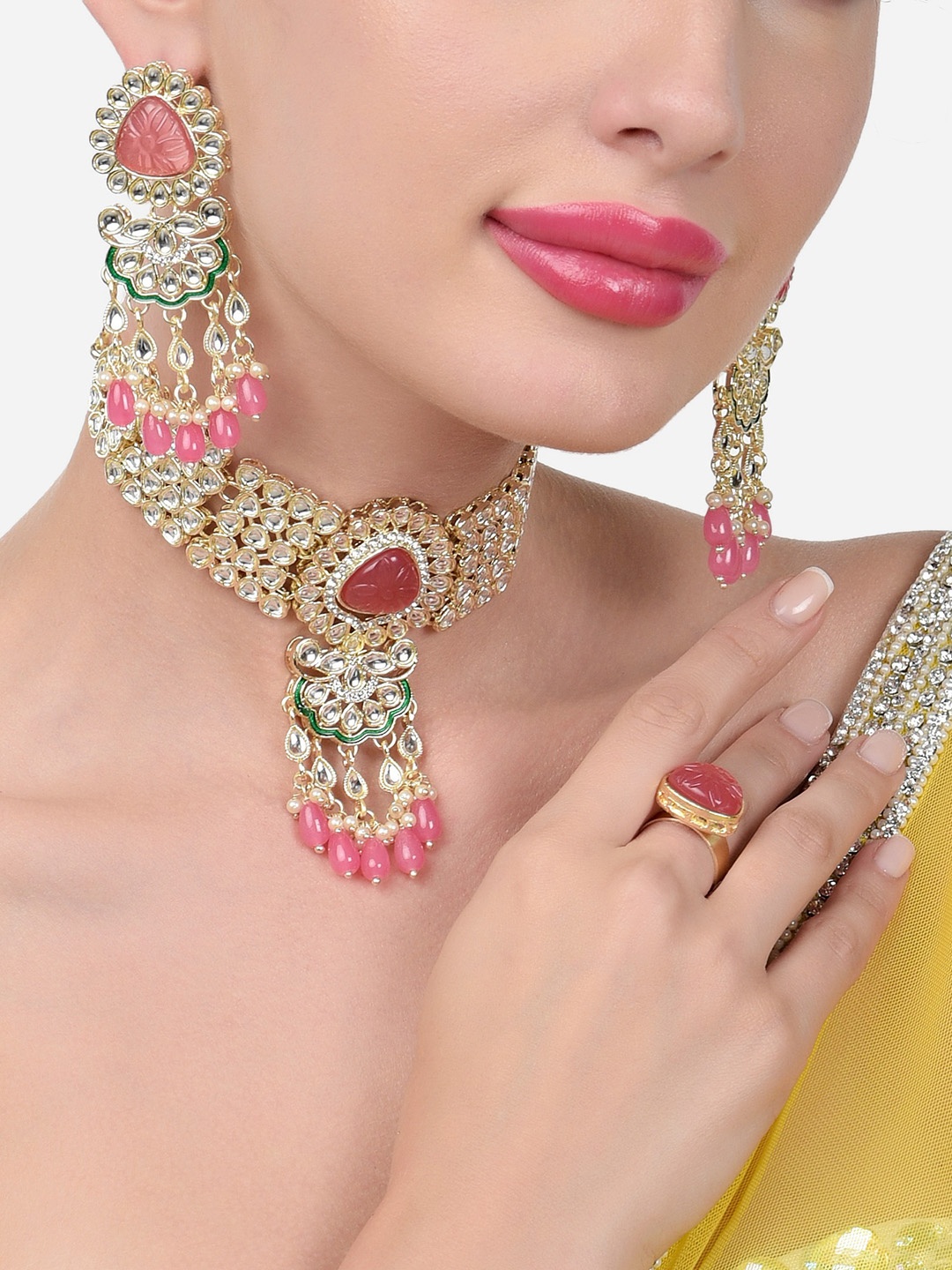 

Zaveri Pearls Gold-Plated Kundan-Studded & Beaded Jewellery Set, Pink