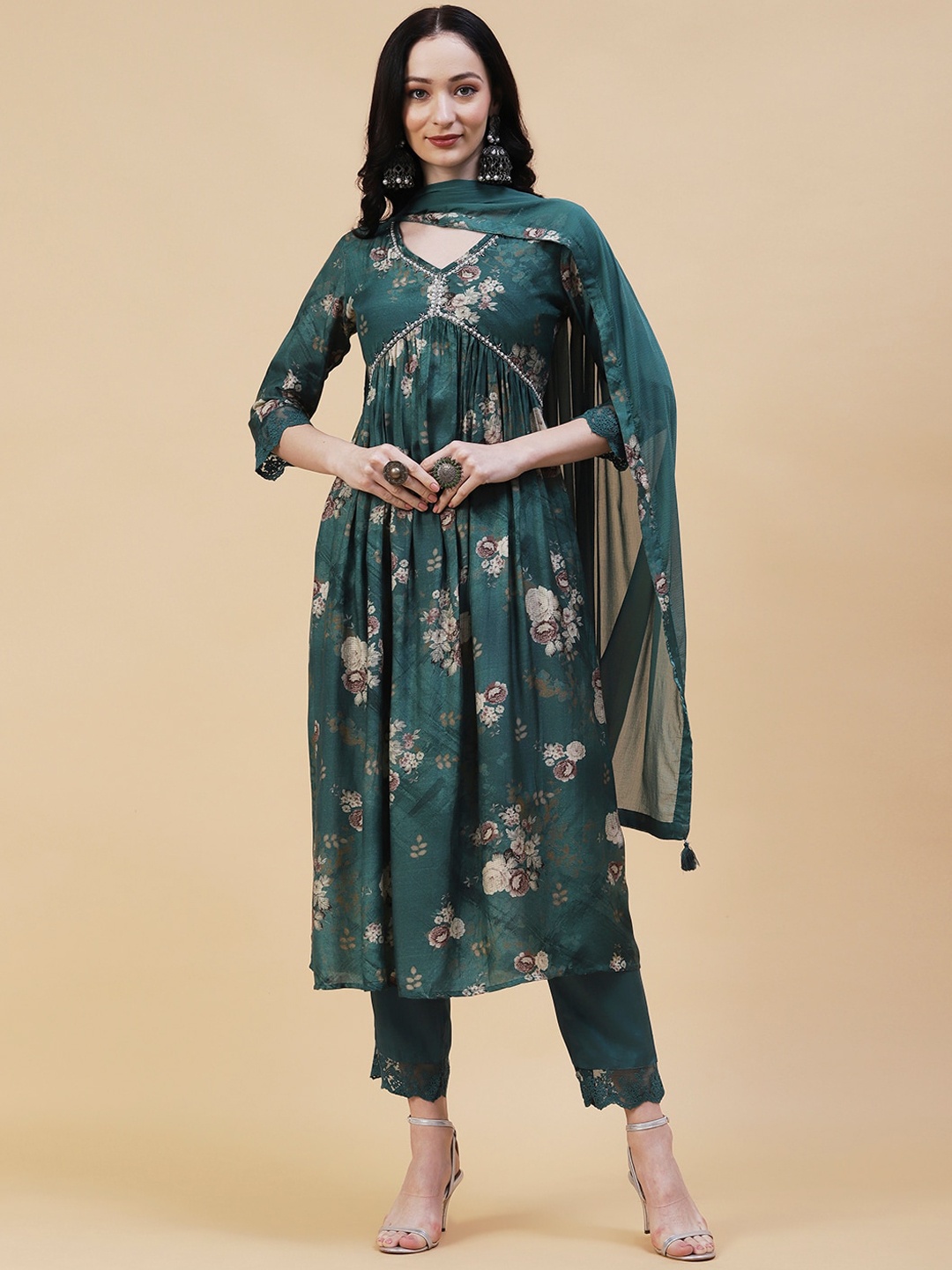 

FASHOR Floral Printed Beads and Stones Anarkali Kurta with Trousers & Dupatta, Green