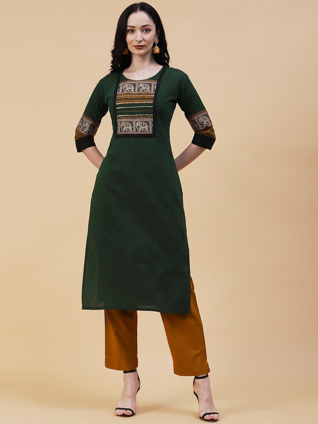 

FASHOR Ethnic Motifs Embroidered Cotton Kurta, Green