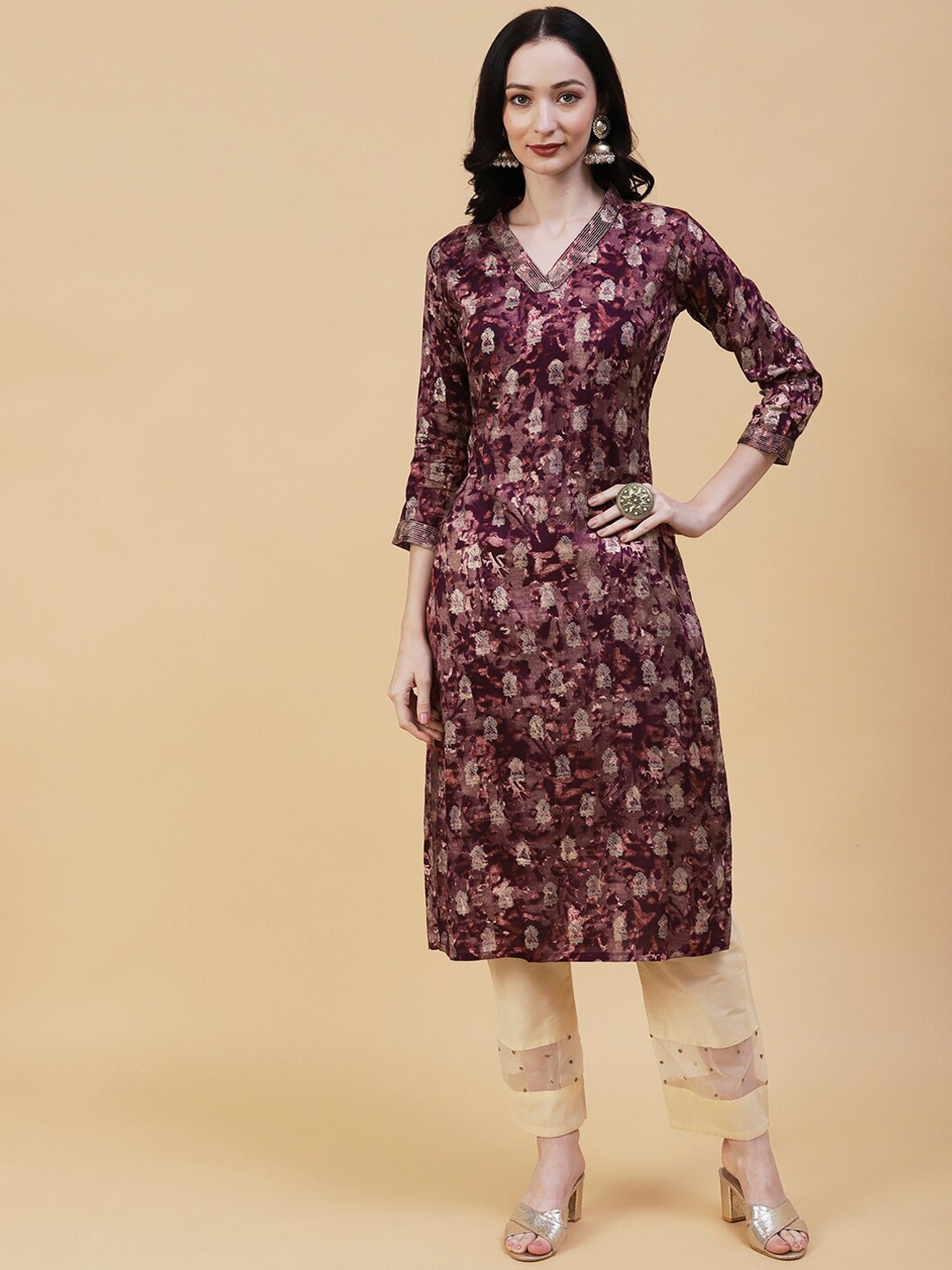 

FASHOR Abstract Printed Kurta, Mauve