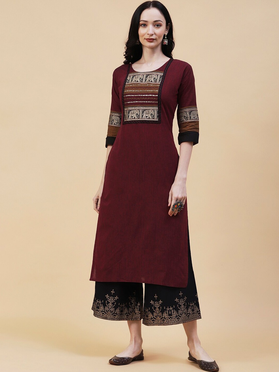 

FASHOR Ethnic Motifs Embroidered Sequins Straight Pure Cotton Kurta, Maroon