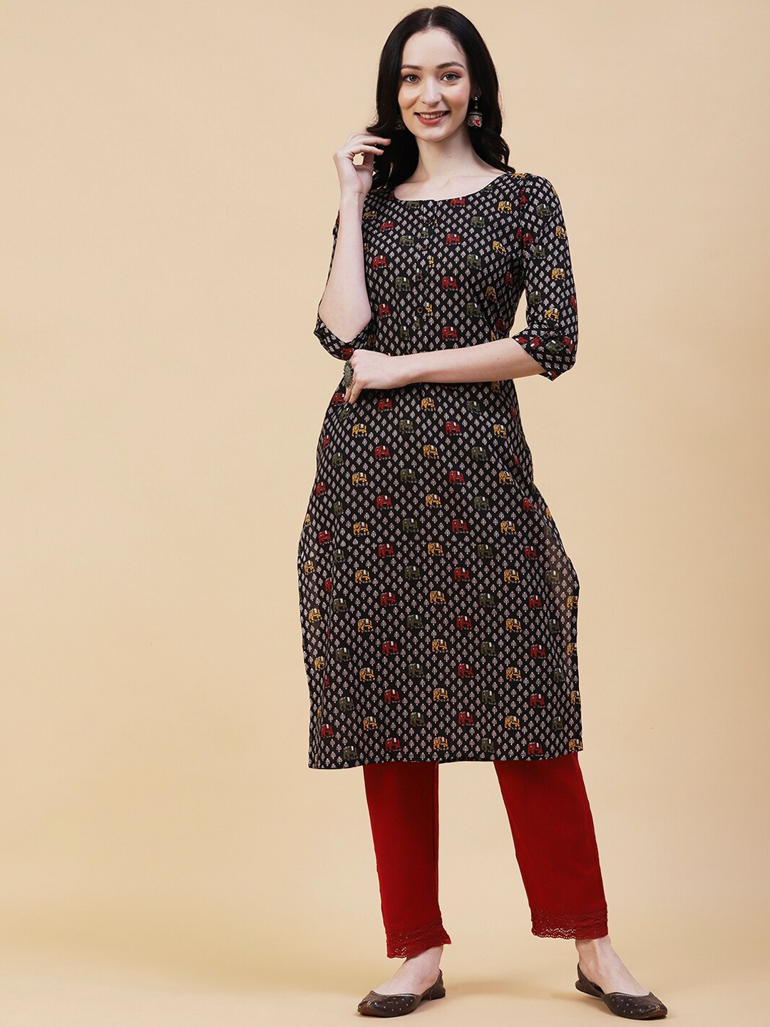 

FASHOR Ethnic Motifs Printed Pure Cotton Kurta, Black