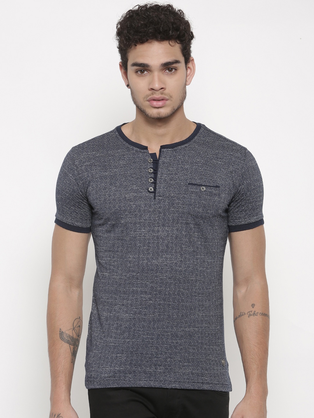 

Status Quo Men Navy Self Design Henley Neck T-shirt, Navy blue