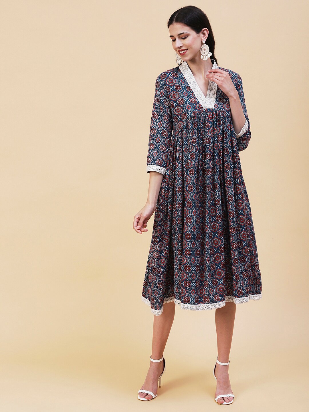 

FASHOR V-Neck Ethnic Motifs Printed A-Line Midi Ethnic Dress, Blue