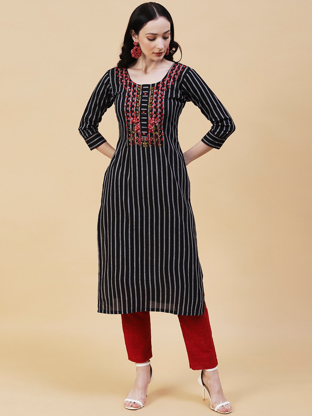 

FASHOR Striped Thread Work Cotton Kurta, Black