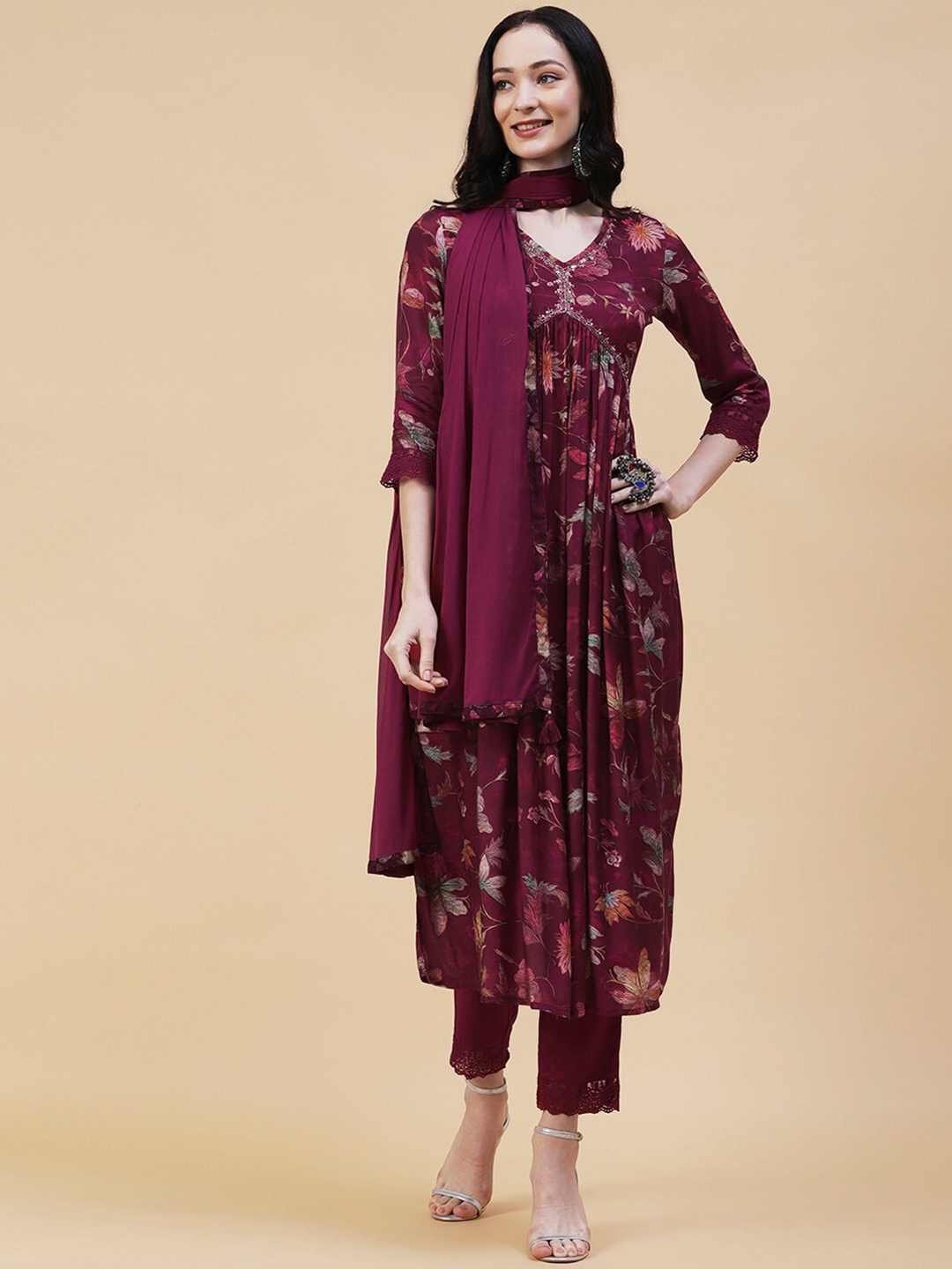 

FASHOR Floral Printed Sequined Work A-Line Flared Kurta with Trousers & Dupatta, Maroon