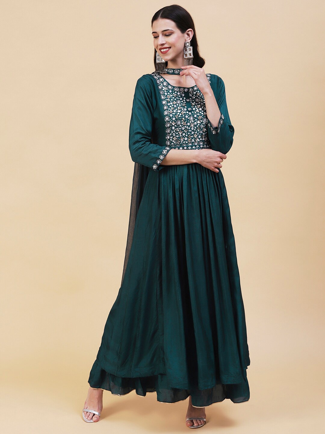 

FASHOR Sequins & Stones Embroidered Maxi Ethnic Dress, Green