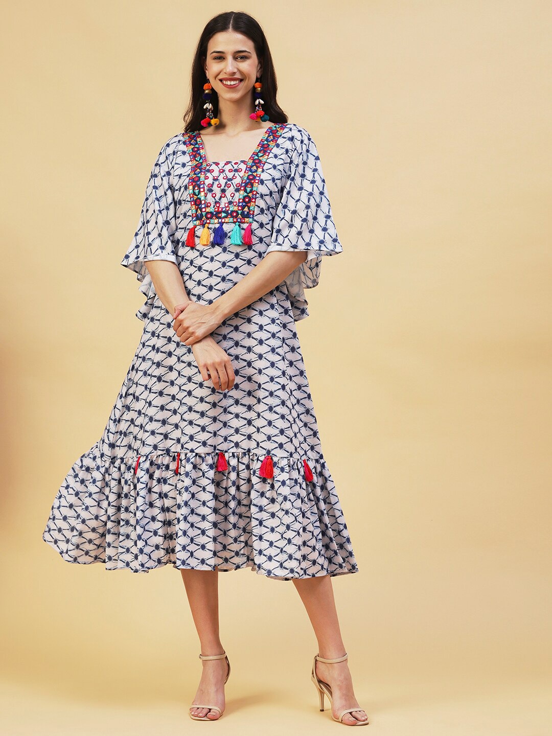 

FASHOR Floral Linen A-Line Midi Dress, Blue