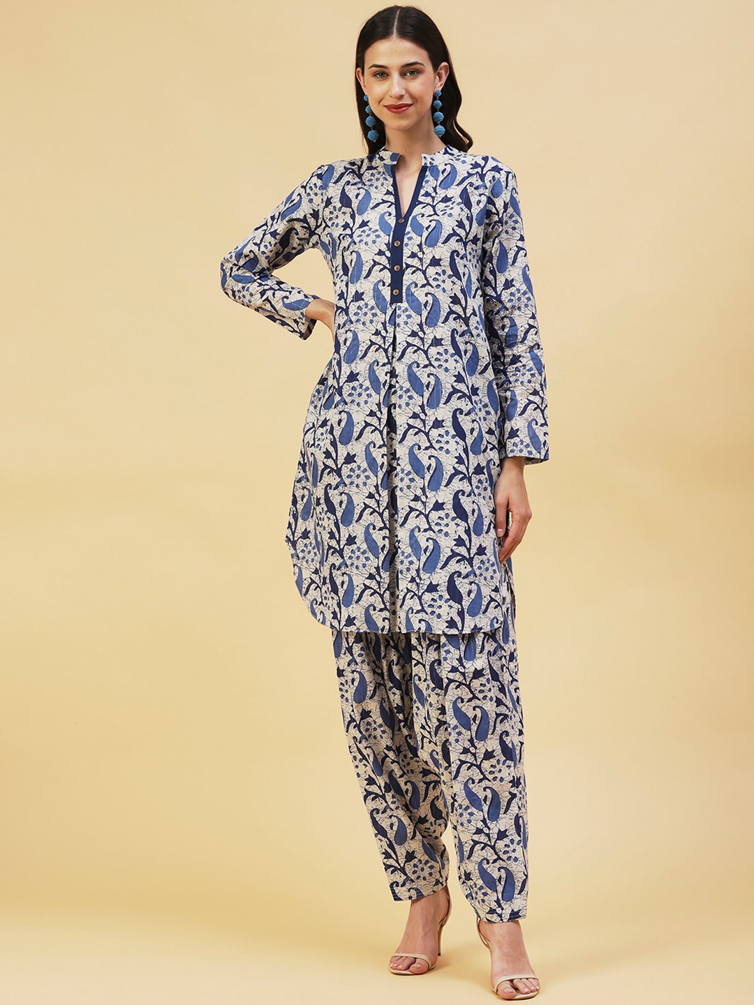 

FASHOR Paisley Printed Pure Cotton Kurta with Salwar, Blue