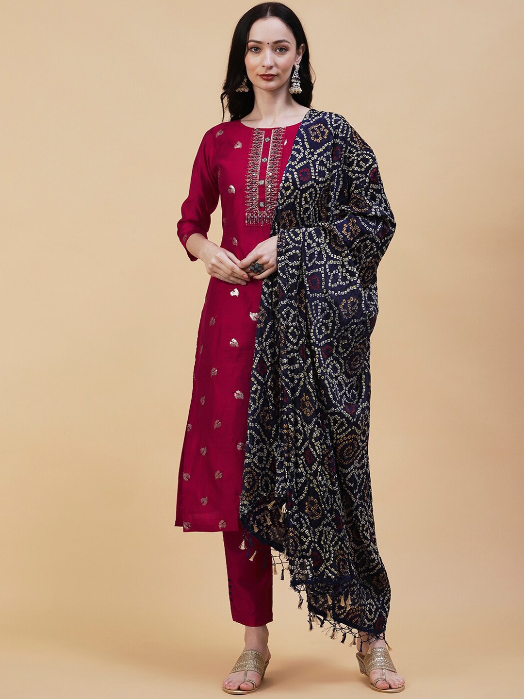 

FASHOR Ethnic Motifs Embroidered Sequined Mirror Work Kurta with Trousers & With Dupatta, Red