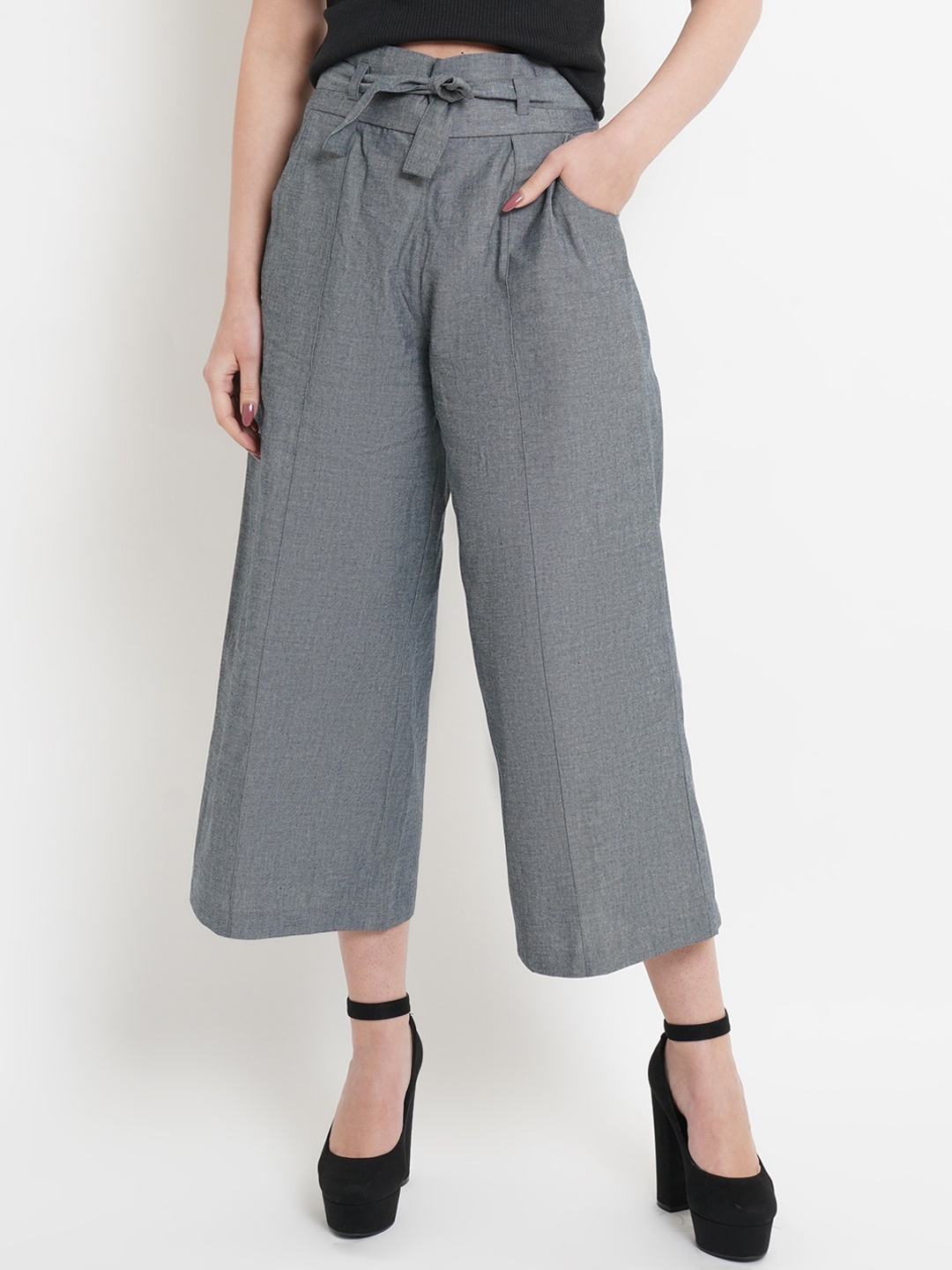 

Purple State Women Relaxed Easy Wash Pleated Cotton Culottes Trousers, Grey