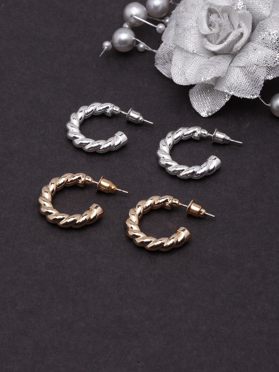 

DIVA WALK Set Of 2 Gold Plated & Silver Plated Contemporary Half Hoop Earrings