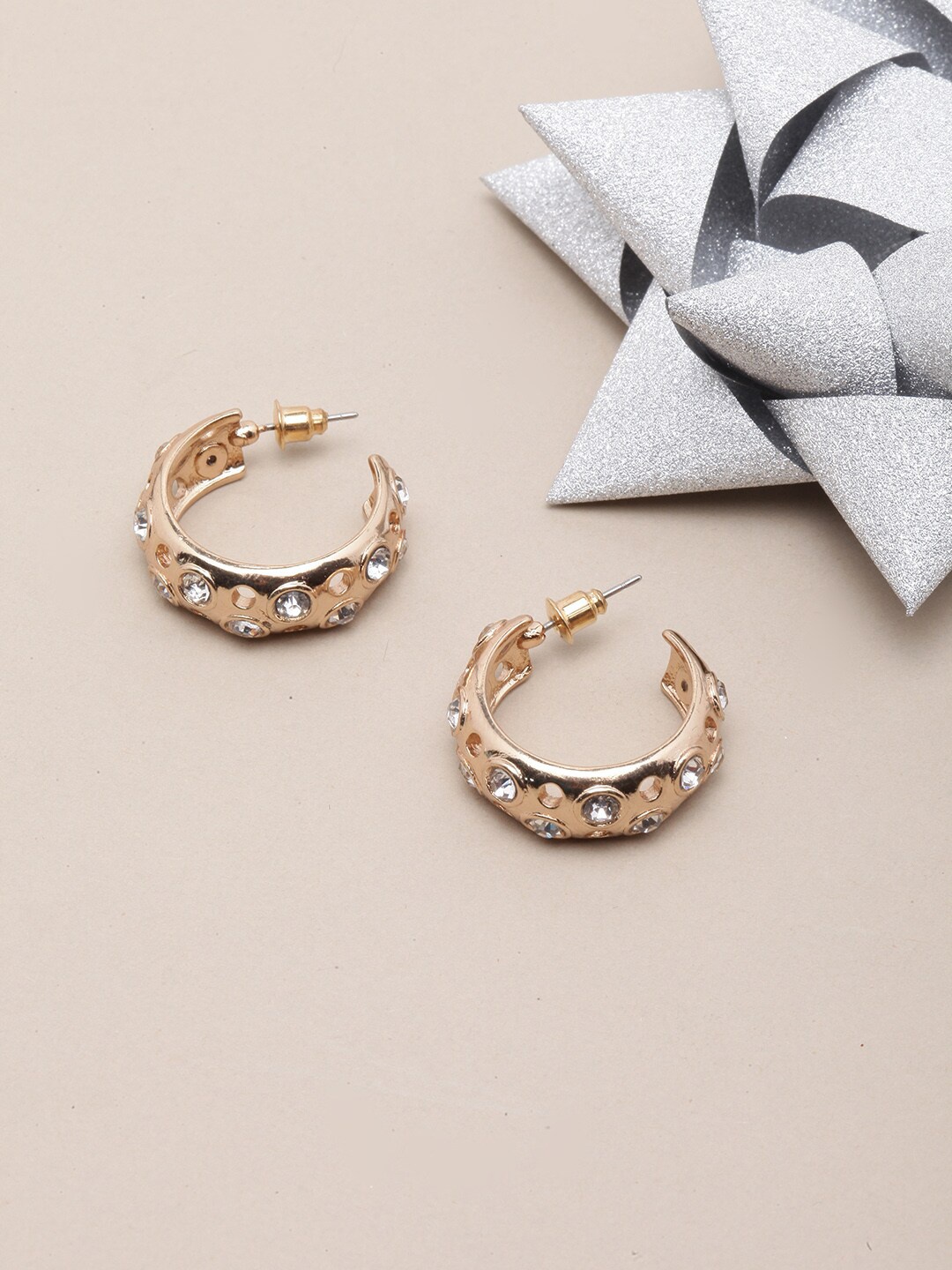 

DIVA WALK Gold-Plated CZ-Studded Circular Half Hoop Earrings